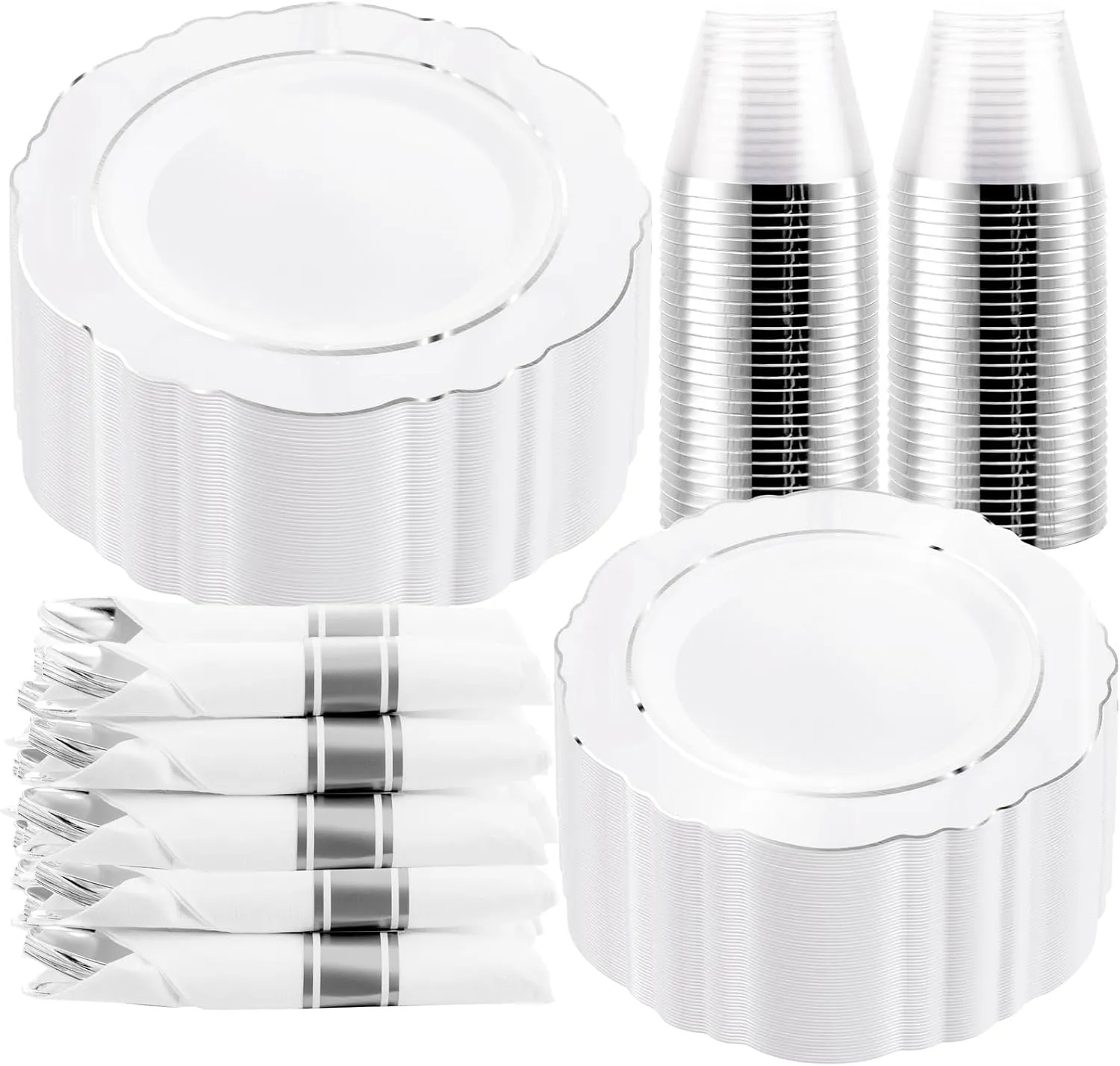 350Pcs Silver Christmas Plastic Plates with Disposable Silverware and Cups, include: 50 Dinner Plates 10.25”, 50 Dessert Plates 7.5”, 50 Silver Rim Cups 9 OZ, 50 Pre Rolled Napkins