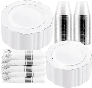 350Pcs Silver Christmas Plastic Plates with Disposable Silverware and Cups, include: 50 Dinner Plates 10.25”, 50 Dessert Plates 7.5”, 50 Silver Rim Cups 9 OZ, 50 Pre Rolled Napkins