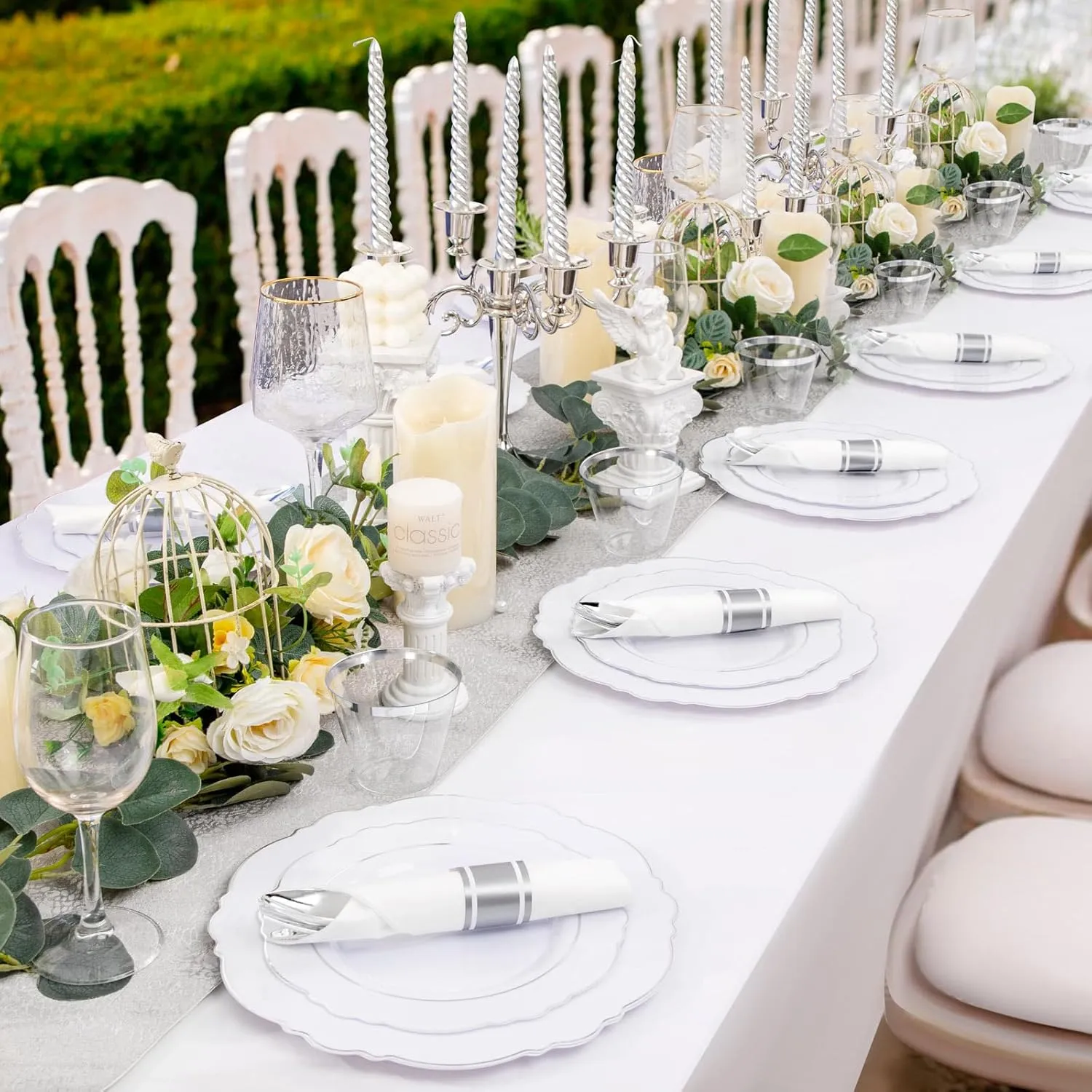350Pcs Silver Christmas Plastic Plates with Disposable Silverware and Cups, include: 50 Dinner Plates 10.25”, 50 Dessert Plates 7.5”, 50 Silver Rim Cups 9 OZ, 50 Pre Rolled Napkins