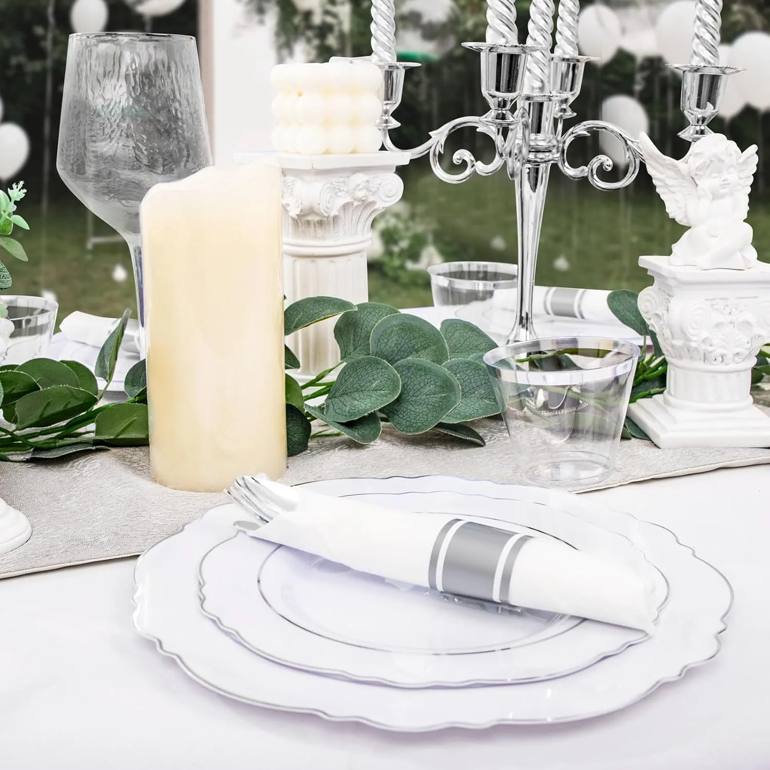 350Pcs Silver Christmas Plastic Plates with Disposable Silverware and Cups, include: 50 Dinner Plates 10.25”, 50 Dessert Plates 7.5”, 50 Silver Rim Cups 9 OZ, 50 Pre Rolled Napkins