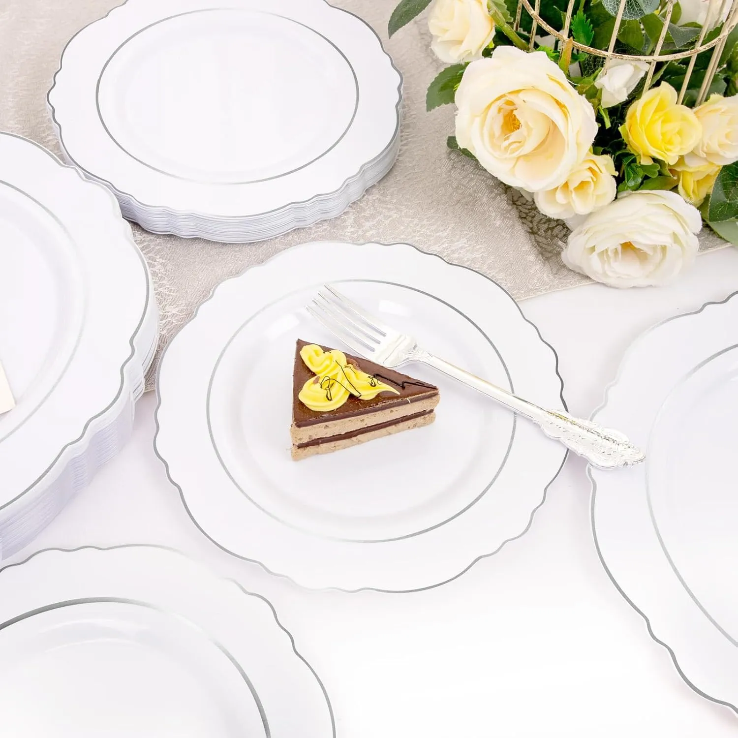 350Pcs Silver Christmas Plastic Plates with Disposable Silverware and Cups, include: 50 Dinner Plates 10.25”, 50 Dessert Plates 7.5”, 50 Silver Rim Cups 9 OZ, 50 Pre Rolled Napkins