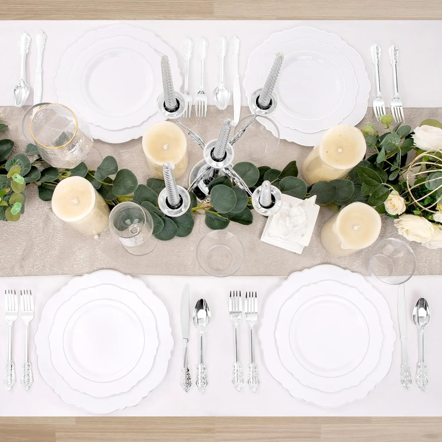 350Pcs Silver Christmas Plastic Plates with Disposable Silverware and Cups, include: 50 Dinner Plates 10.25”, 50 Dessert Plates 7.5”, 50 Silver Rim Cups 9 OZ, 50 Pre Rolled Napkins