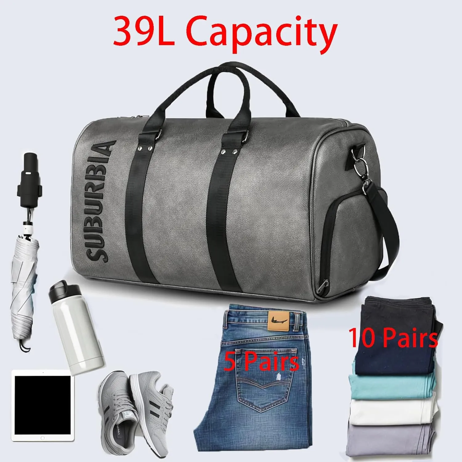 39L Leather Travel Duffle Bag, Carry on Garment Duffel Bag with Shoes Compartment, Shoulder Weekender Overnight Bags, Sports Tote Gym Bag, Business Luggage for Men Women Waterproof & Tear Resistant