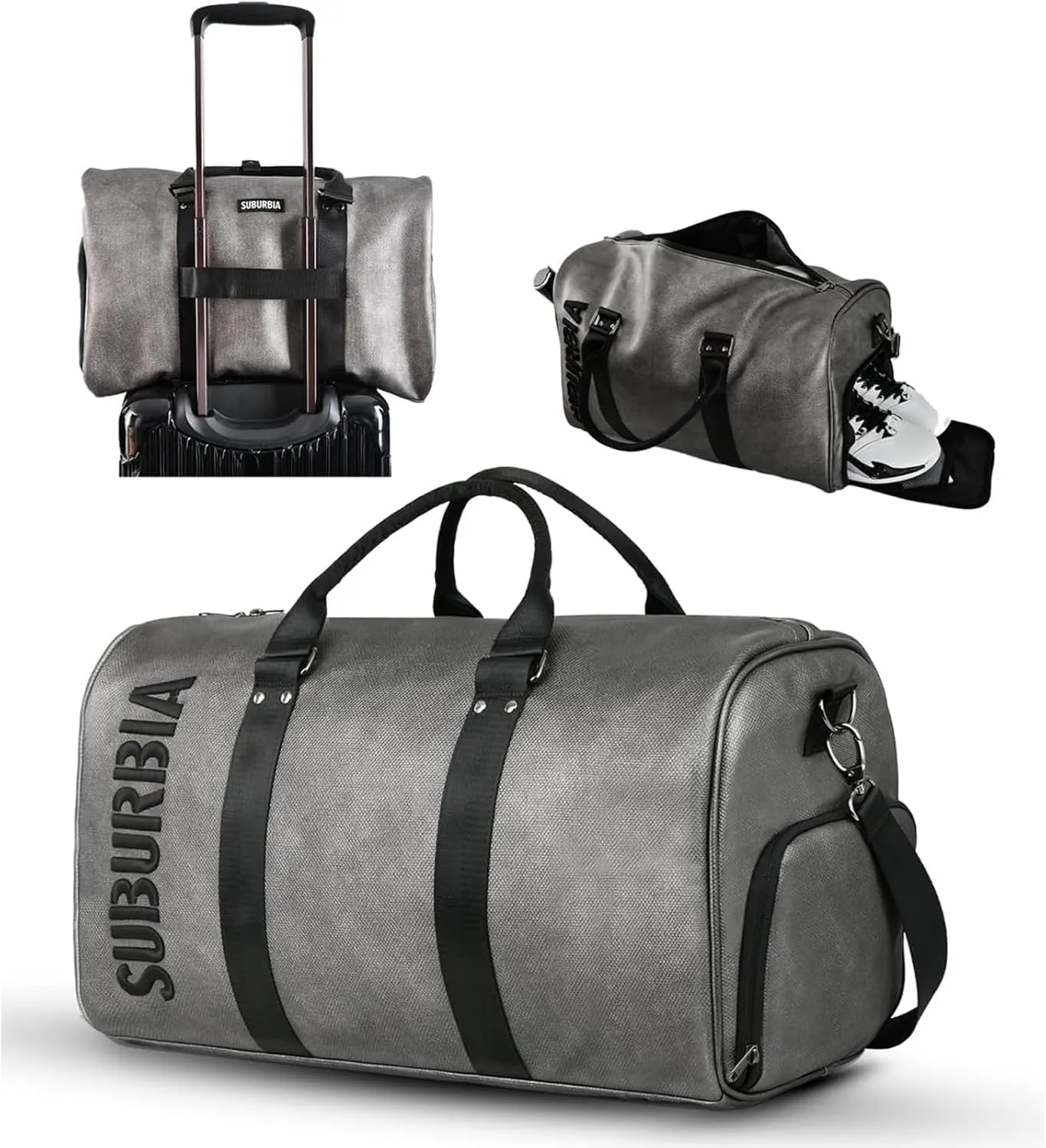 39L Leather Travel Duffle Bag, Carry on Garment Duffel Bag with Shoes Compartment, Shoulder Weekender Overnight Bags, Sports Tote Gym Bag, Business Luggage for Men Women Waterproof & Tear Resistant