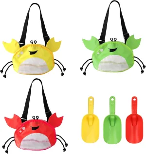 3pcs Mesh Beach Bags for Kids, Crab Style Seashell Bag with 3 Shovel & Adjustable Strap Shell Collecting Bag for Holding Pool Sand Toys Swimming Suit