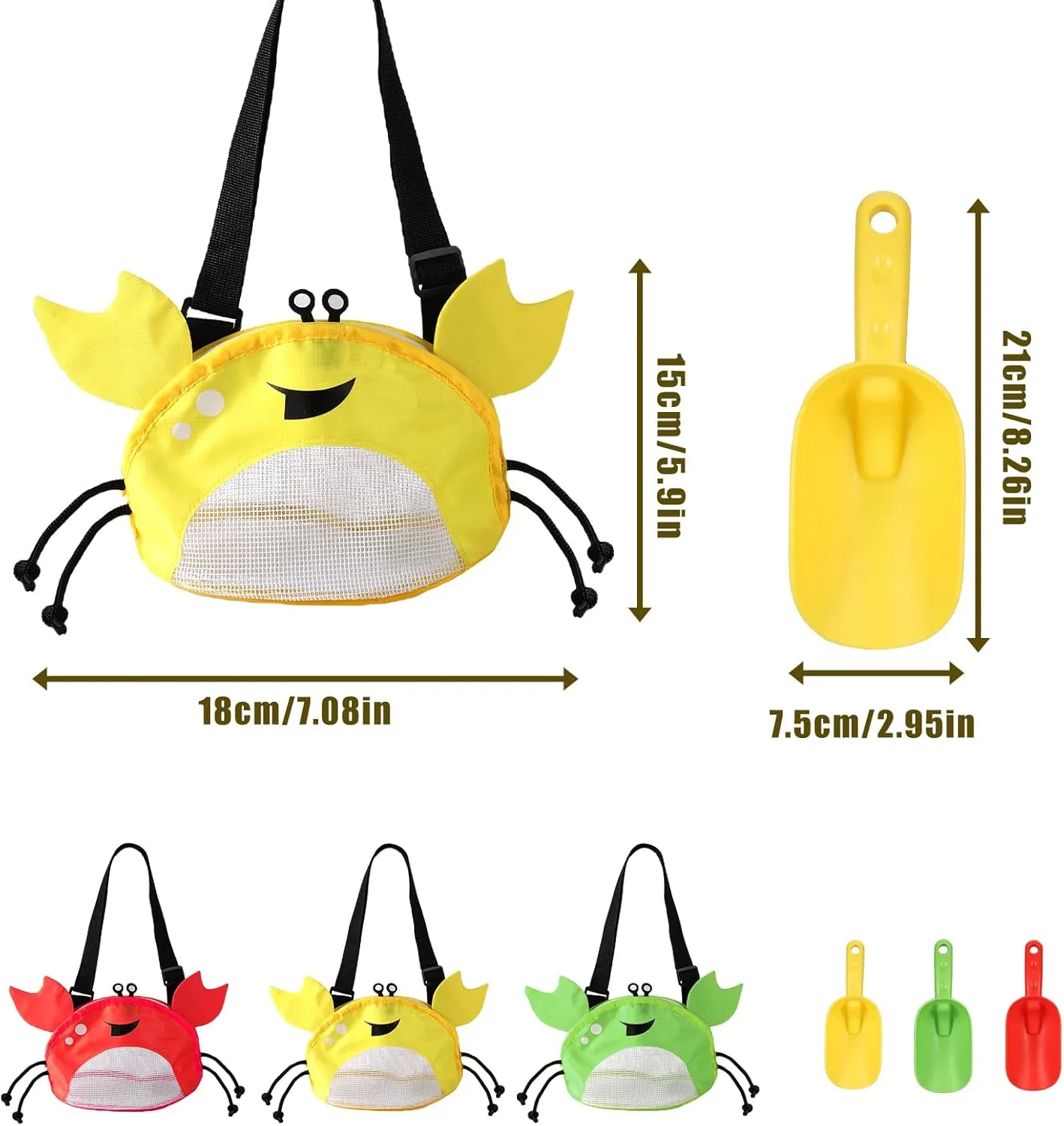 3pcs Mesh Beach Bags for Kids, Crab Style Seashell Bag with 3 Shovel & Adjustable Strap Shell Collecting Bag for Holding Pool Sand Toys Swimming Suit