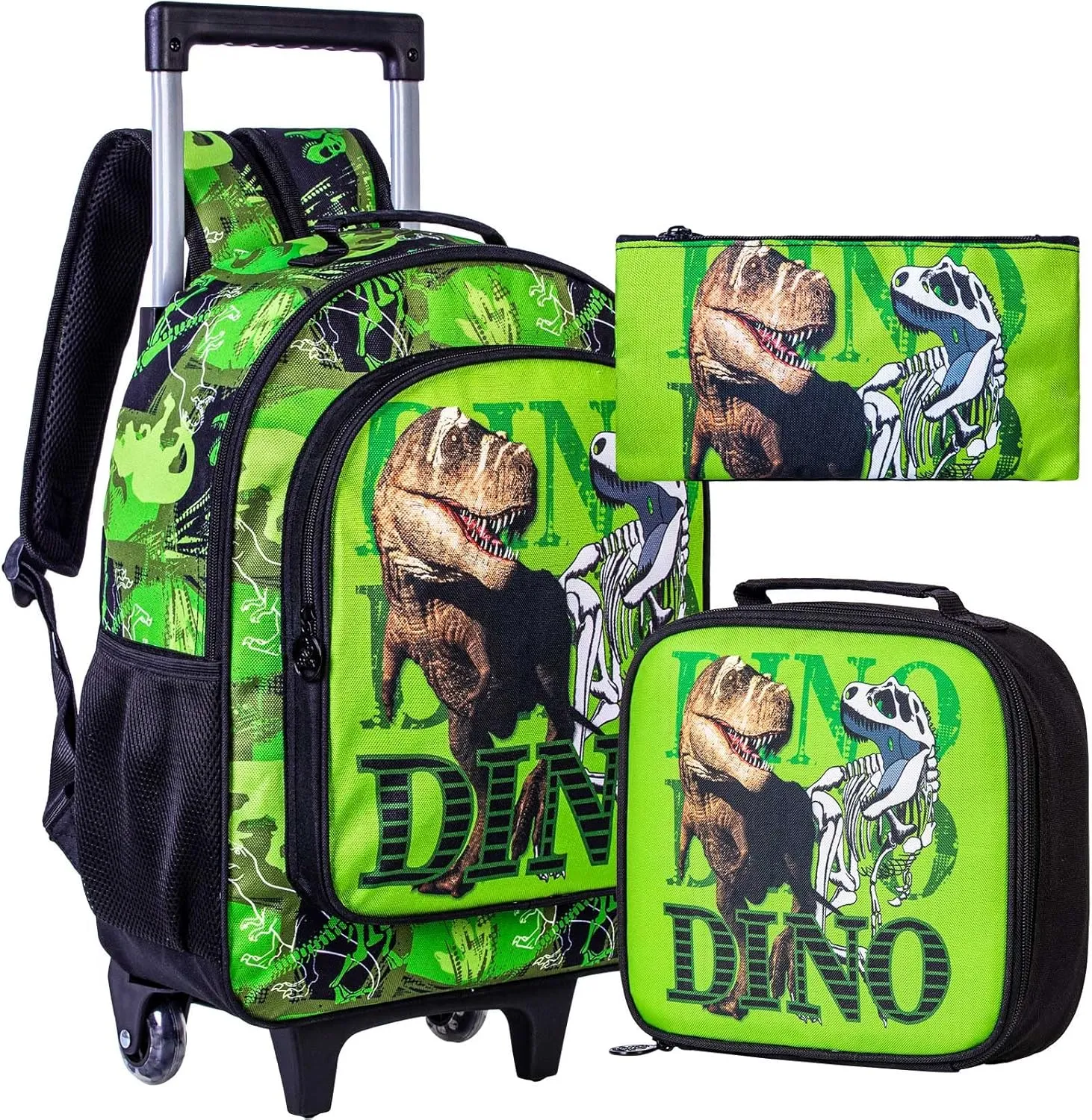 3PCS Rolling Backpack for Boys, Kids Dinosaur Bookbag with Roller Wheels, Suitcase School Bag Set for Toddler Elementary