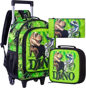 3PCS Rolling Backpack for Boys, Kids Dinosaur Bookbag with Roller Wheels, Suitcase School Bag Set for Toddler Elementary