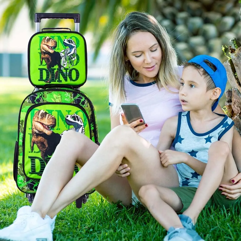 3PCS Rolling Backpack for Boys, Kids Dinosaur Bookbag with Roller Wheels, Suitcase School Bag Set for Toddler Elementary
