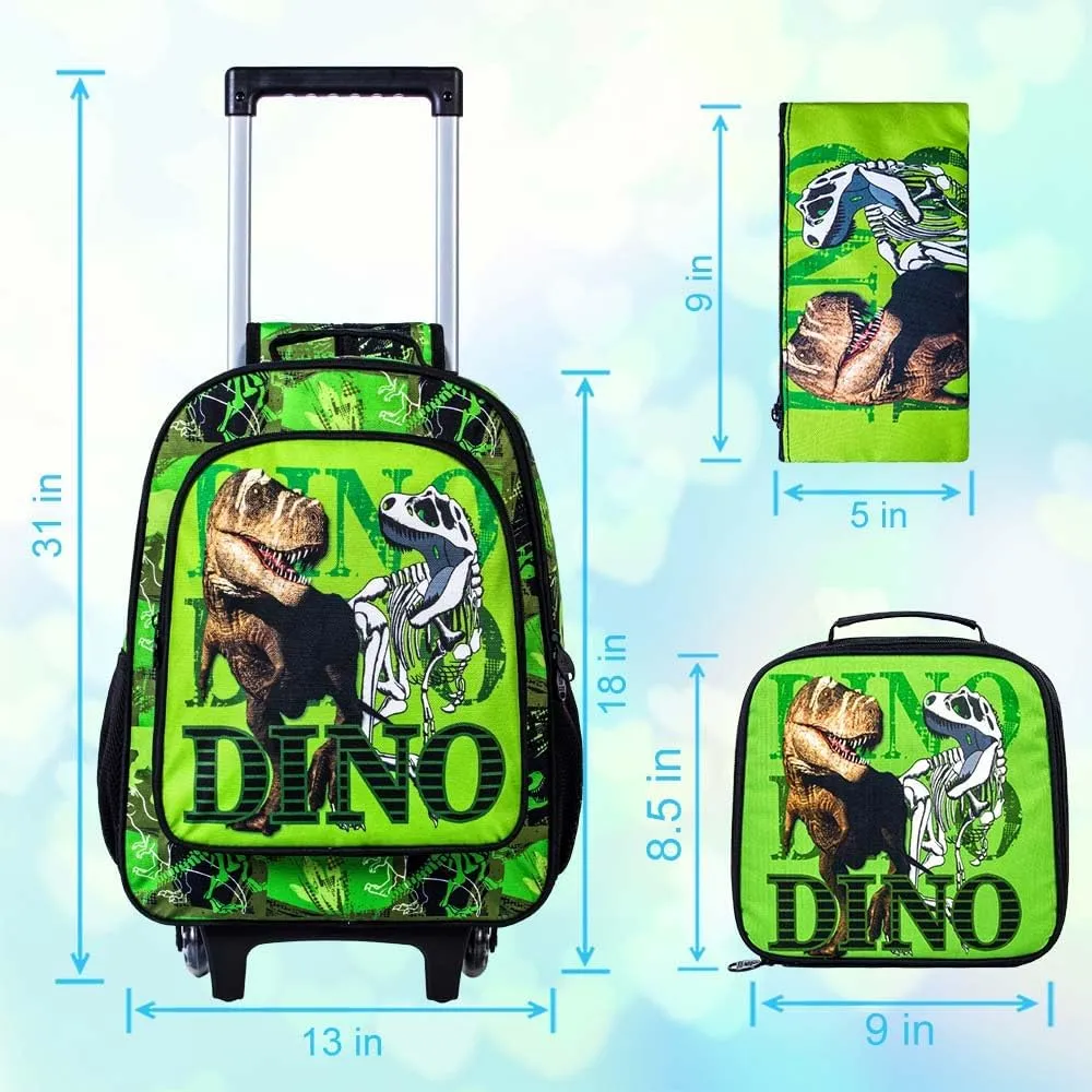3PCS Rolling Backpack for Boys, Kids Dinosaur Bookbag with Roller Wheels, Suitcase School Bag Set for Toddler Elementary