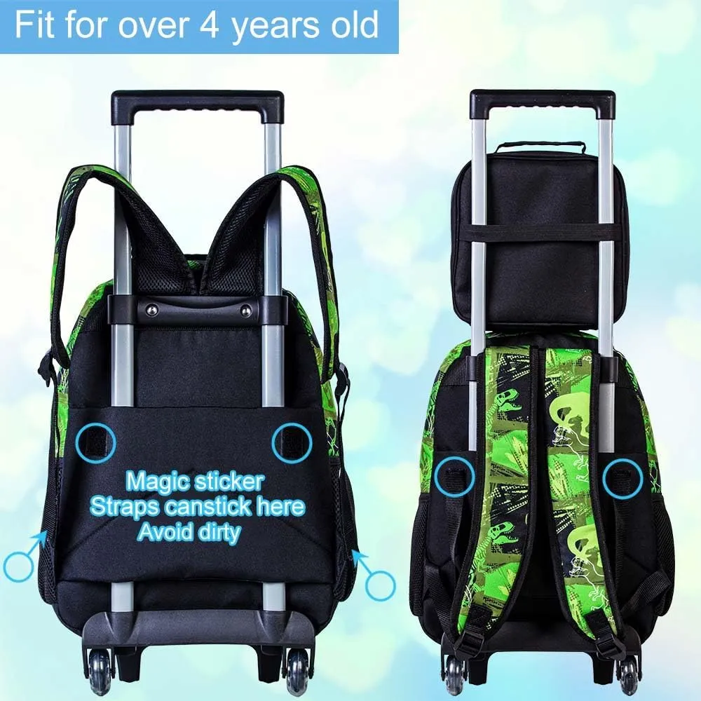 3PCS Rolling Backpack for Boys, Kids Dinosaur Bookbag with Roller Wheels, Suitcase School Bag Set for Toddler Elementary