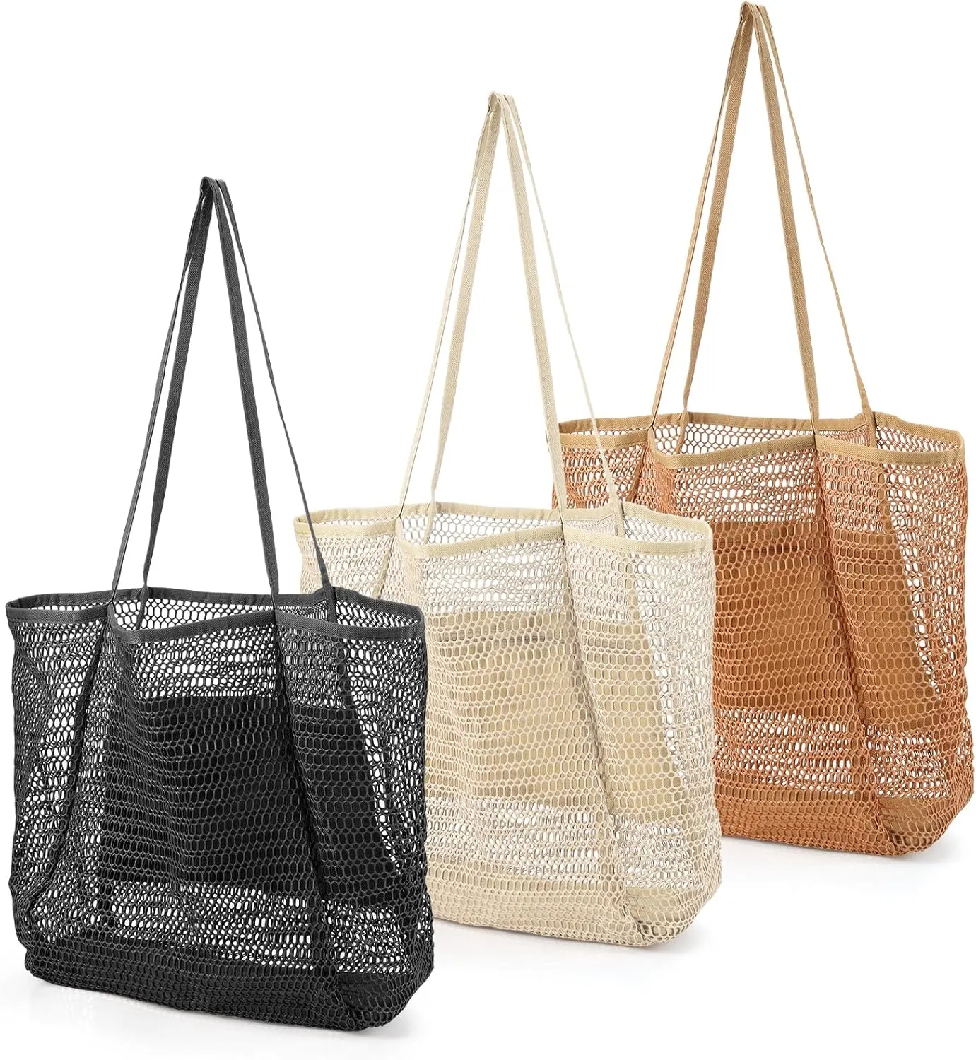 3Pcs Waterproof Mesh Beach Bags for Women - Foldable 23L Shopping Bags with Inner Pocket - Perfect Travel Essentials for Beach, Picnic, and Vacation (Black, Khaki, Beige)