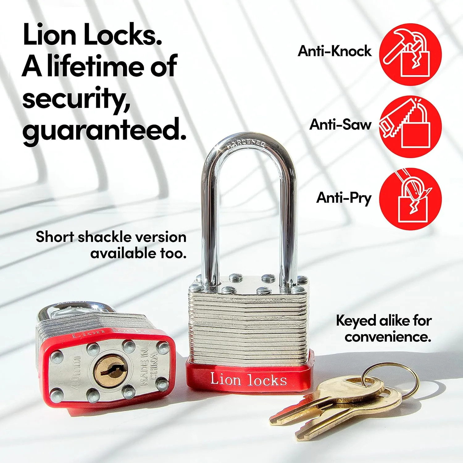 4 Keyed-Alike Padlocks w/ 2” Long Shackle, 8 Keys, Hardened Steel Pad Lock, Pick Resistant Brass Pin Cylinder (Pack of 4)