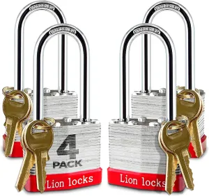 4 Keyed-Alike Padlocks w/ 2” Long Shackle, 8 Keys, Hardened Steel Pad Lock, Pick Resistant Brass Pin Cylinder (Pack of 4)