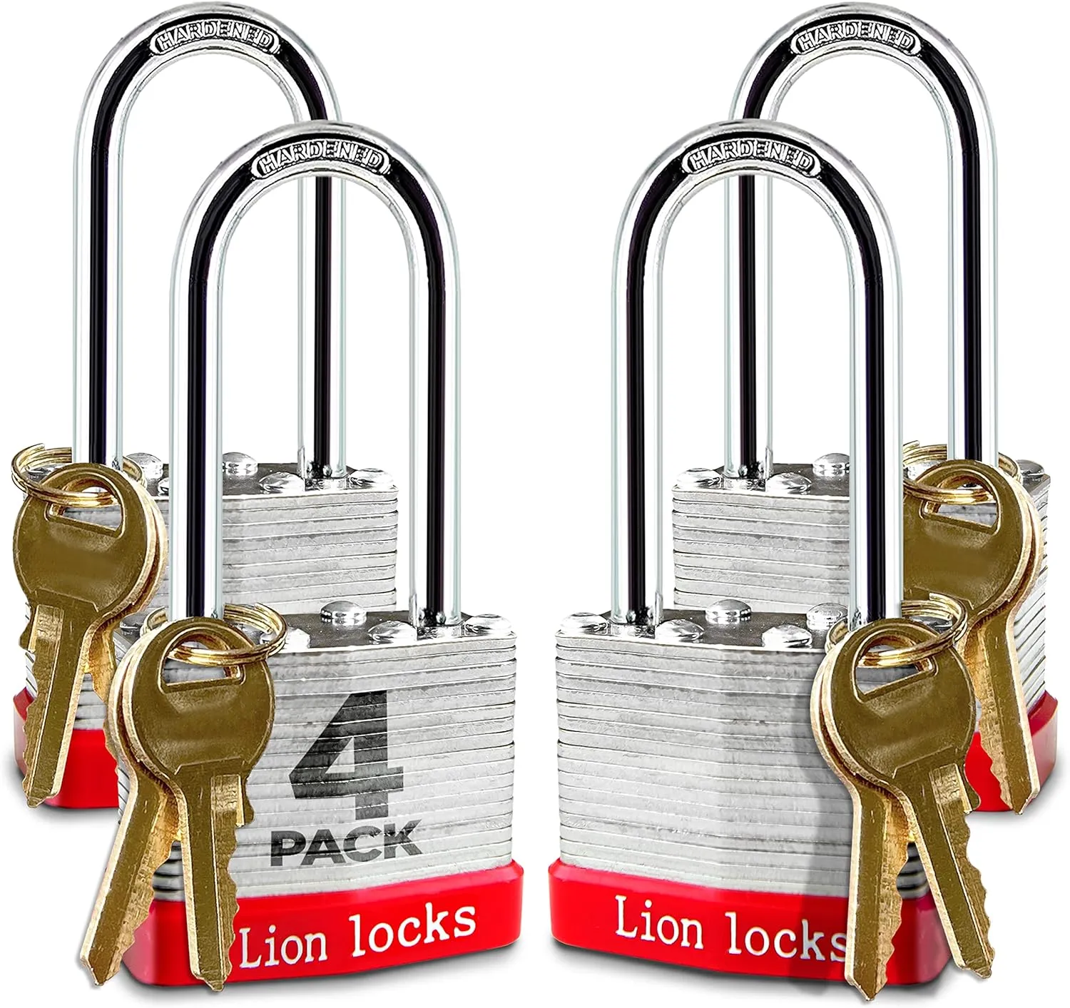 4 Keyed-Alike Padlocks w/ 2” Long Shackle, 8 Keys, Hardened Steel Pad Lock, Pick Resistant Brass Pin Cylinder (Pack of 4)