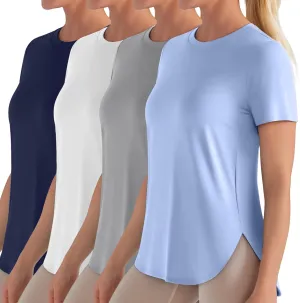 4 Pack Women's Workout T Shirts Short Sleeve Athletic Basic Tee Tops Quick Dry UPF 50  Sun Protection with Split Hem