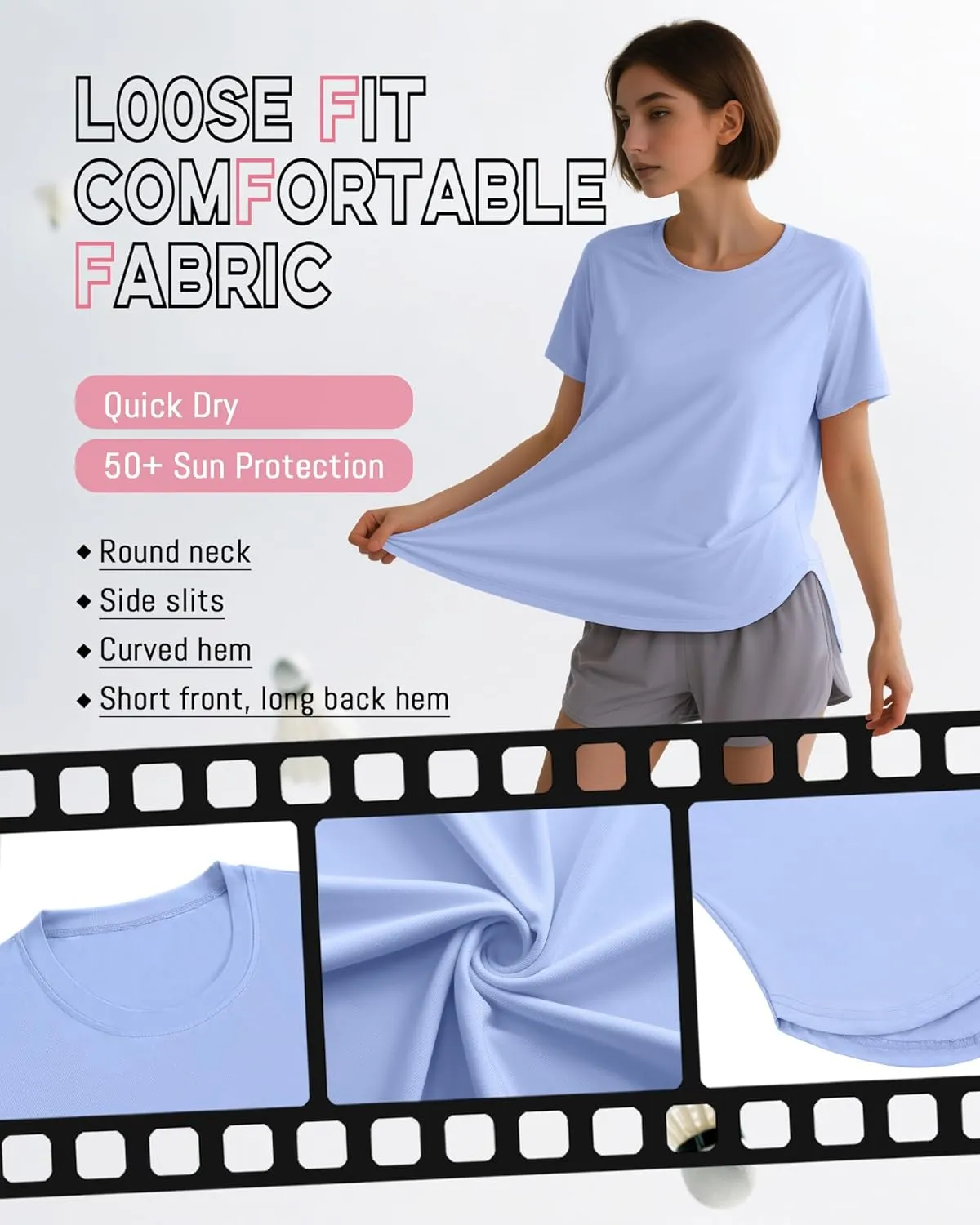 4 Pack Women's Workout T Shirts Short Sleeve Athletic Basic Tee Tops Quick Dry UPF 50  Sun Protection with Split Hem