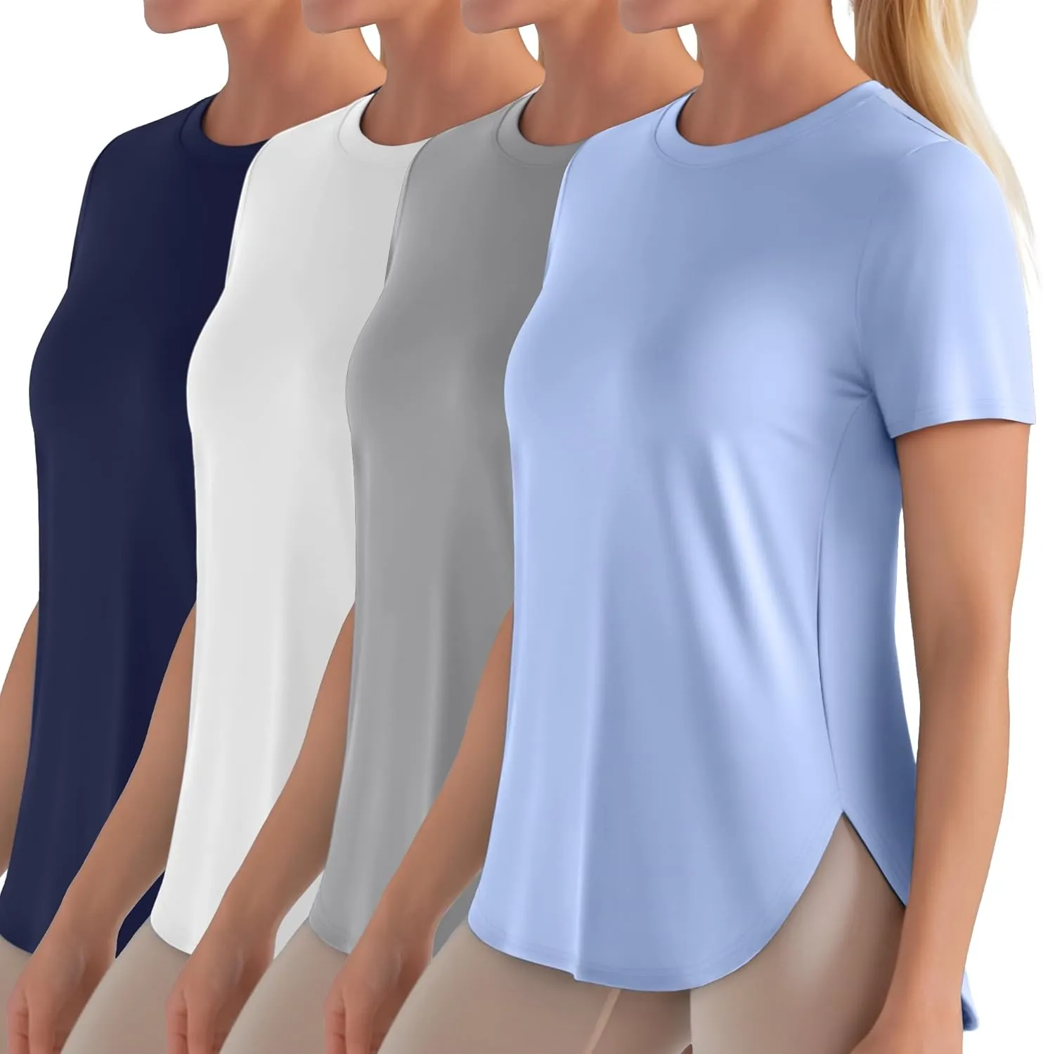 4 Pack Women's Workout T Shirts Short Sleeve Athletic Basic Tee Tops Quick Dry UPF 50  Sun Protection with Split Hem