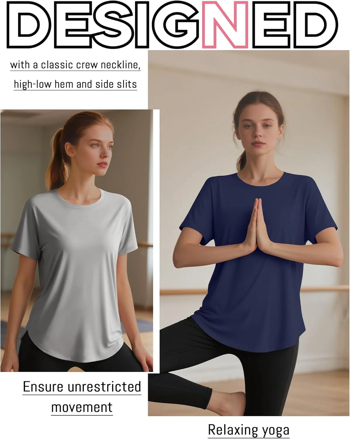 4 Pack Women's Workout T Shirts Short Sleeve Athletic Basic Tee Tops Quick Dry UPF 50  Sun Protection with Split Hem
