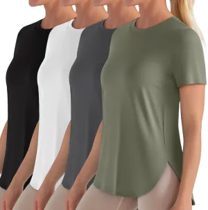 4 Pack Women's Workout T Shirts Short Sleeve Athletic Basic Tee Tops Quick Dry UPF 50  Sun Protection with Split Hem