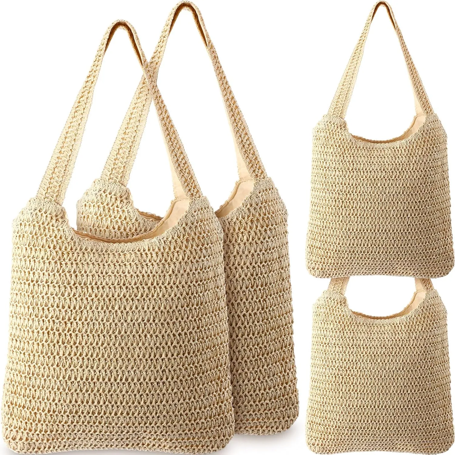 4 Pcs Crochet Beach Tote Bag Mesh Woven Shoulder Bag Beach Straw Bag Handmade Woven Shoulder Bags Boho Straw Handle Bags for Women