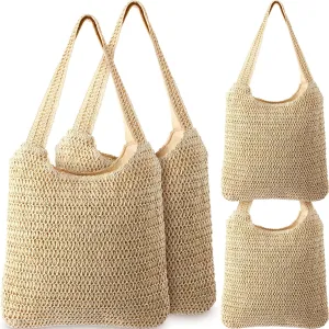 4 Pcs Crochet Beach Tote Bag Mesh Woven Shoulder Bag Beach Straw Bag Handmade Woven Shoulder Bags Boho Straw Handle Bags for Women