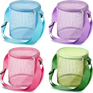 4 Piece Shell Bags for Beach Mesh Seashell Holder, Large Capacity Sand Toys Storage Adjustable Carrying Straps and Zippered Summer Beach Bag for Boys Girls(Pink, Blue, Green, Purple)