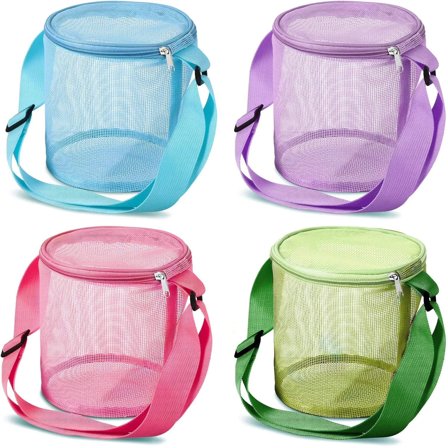 4 Piece Shell Bags for Beach Mesh Seashell Holder, Large Capacity Sand Toys Storage Adjustable Carrying Straps and Zippered Summer Beach Bag for Boys Girls(Pink, Blue, Green, Purple)