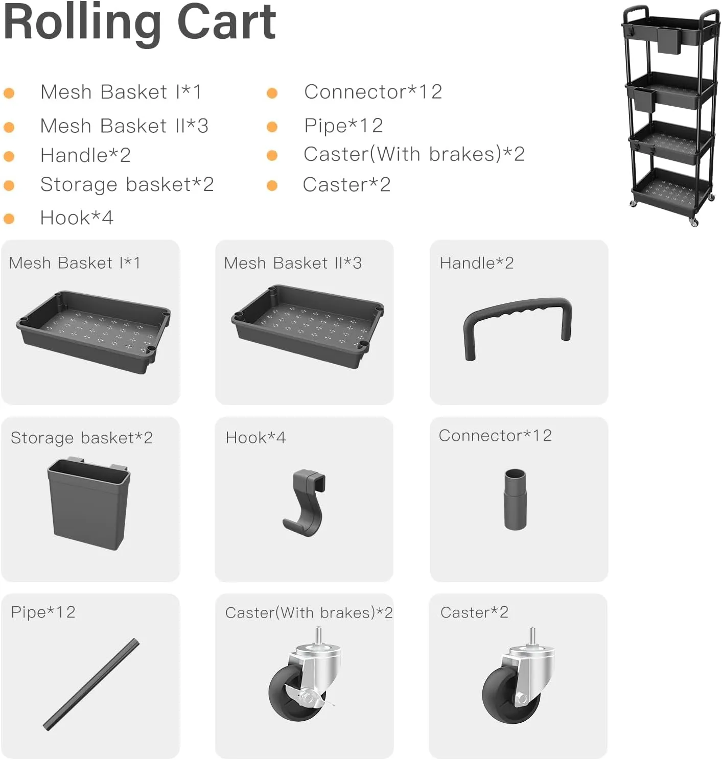 4 Tier Rolling Utility Cart with Handle,REBECAT Utility Cart Made of Multifunctional Storage Organizer Tool for Kitchen,Bathroom,Living Room,Office(Black)
