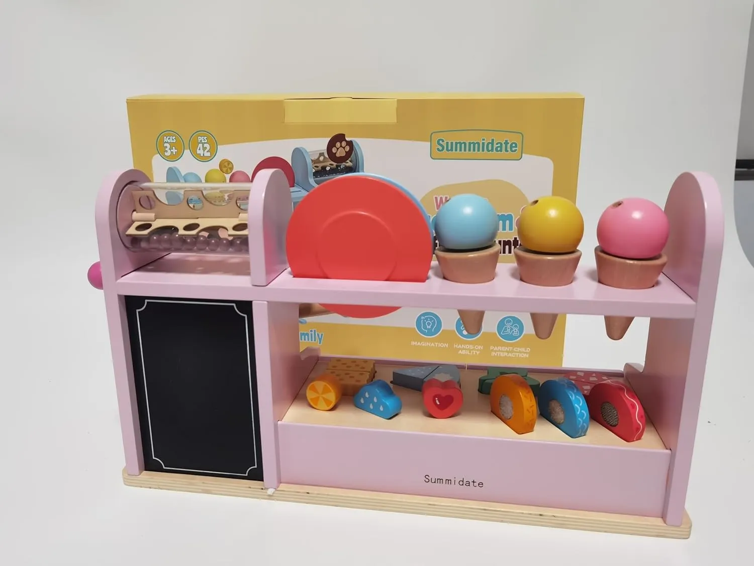 42 PCS Wooden Ice Cream Counter Play Set Toy Wooden Toy 3 in 1 Coffee Dessert Maker Toy Playet,Pretend Play Food Kitchen Accessories,Montessori Shape Sorter Toy for Girl and Boy