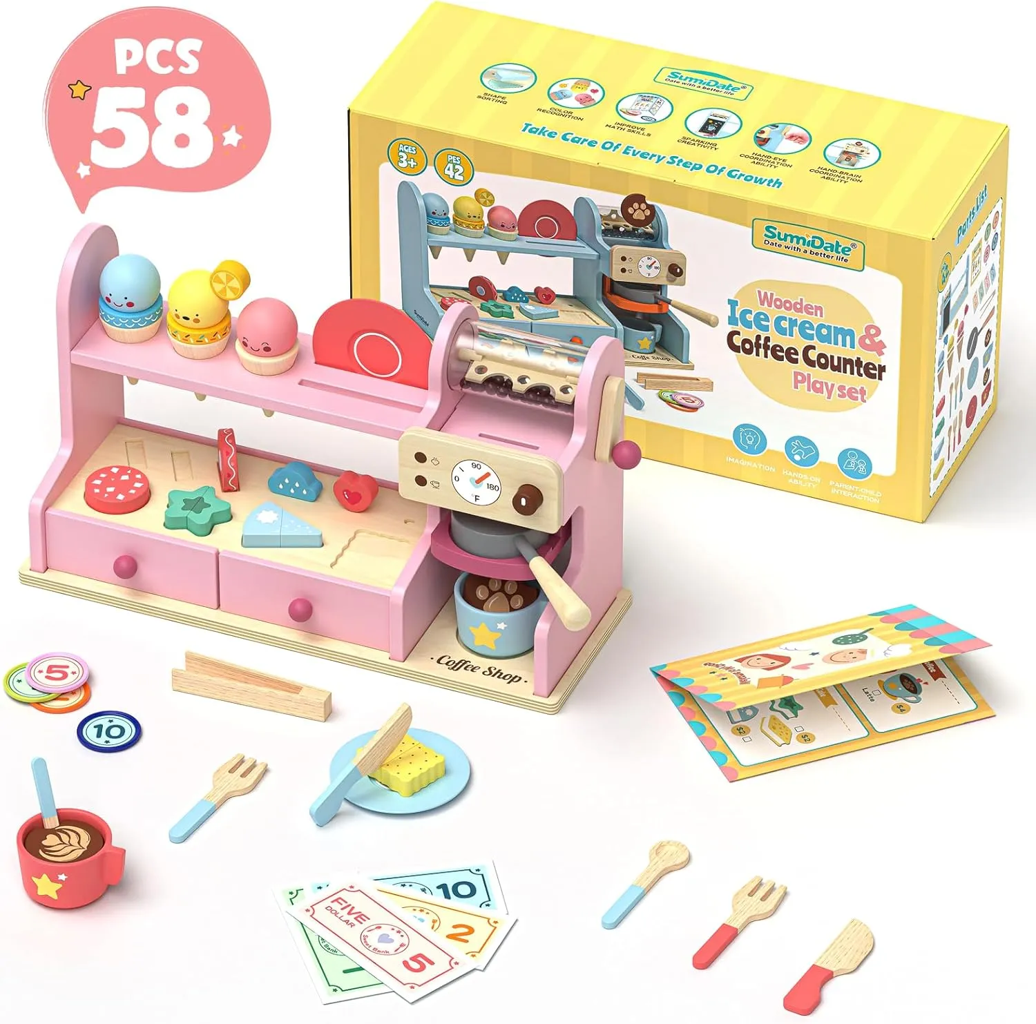 42 PCS Wooden Ice Cream Counter Play Set Toy Wooden Toy 3 in 1 Coffee Dessert Maker Toy Playet,Pretend Play Food Kitchen Accessories,Montessori Shape Sorter Toy for Girl and Boy