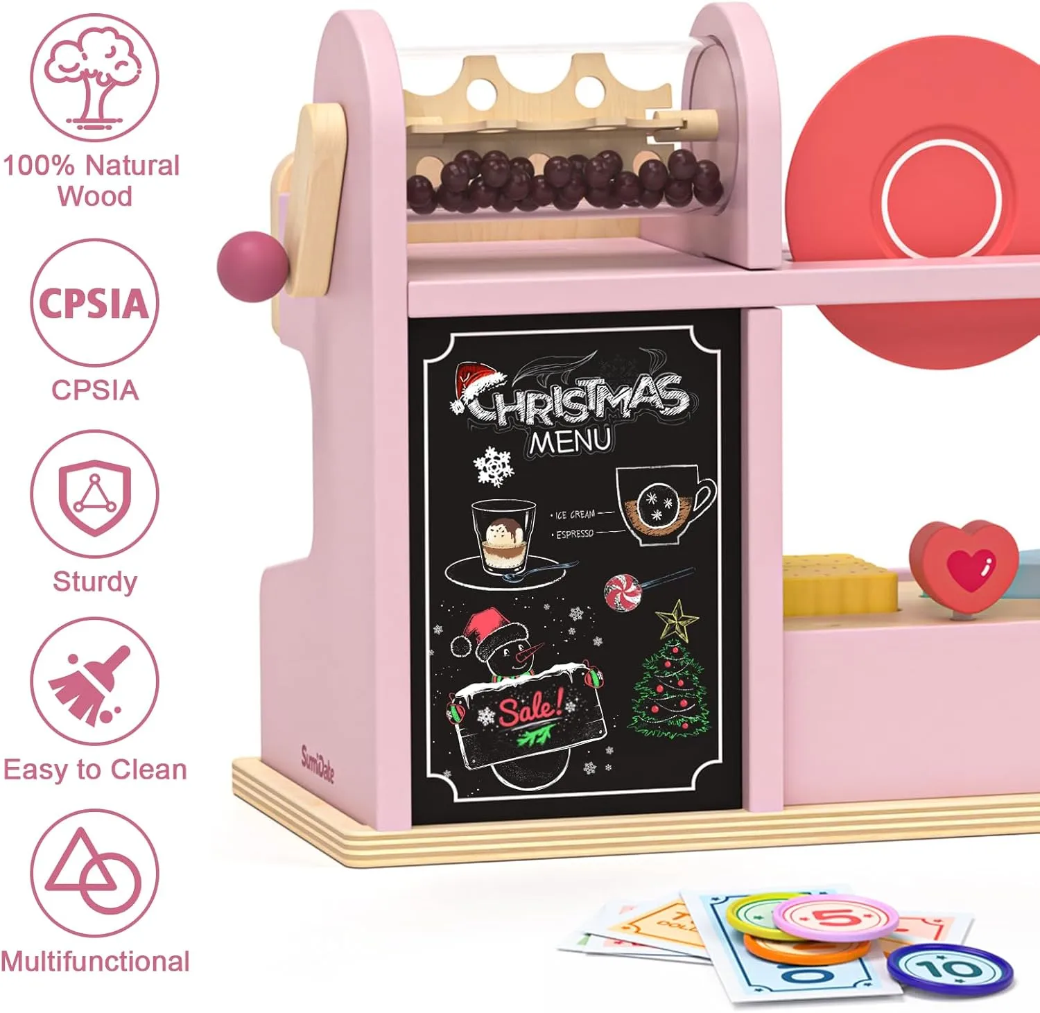 42 PCS Wooden Ice Cream Counter Play Set Toy Wooden Toy 3 in 1 Coffee Dessert Maker Toy Playet,Pretend Play Food Kitchen Accessories,Montessori Shape Sorter Toy for Girl and Boy