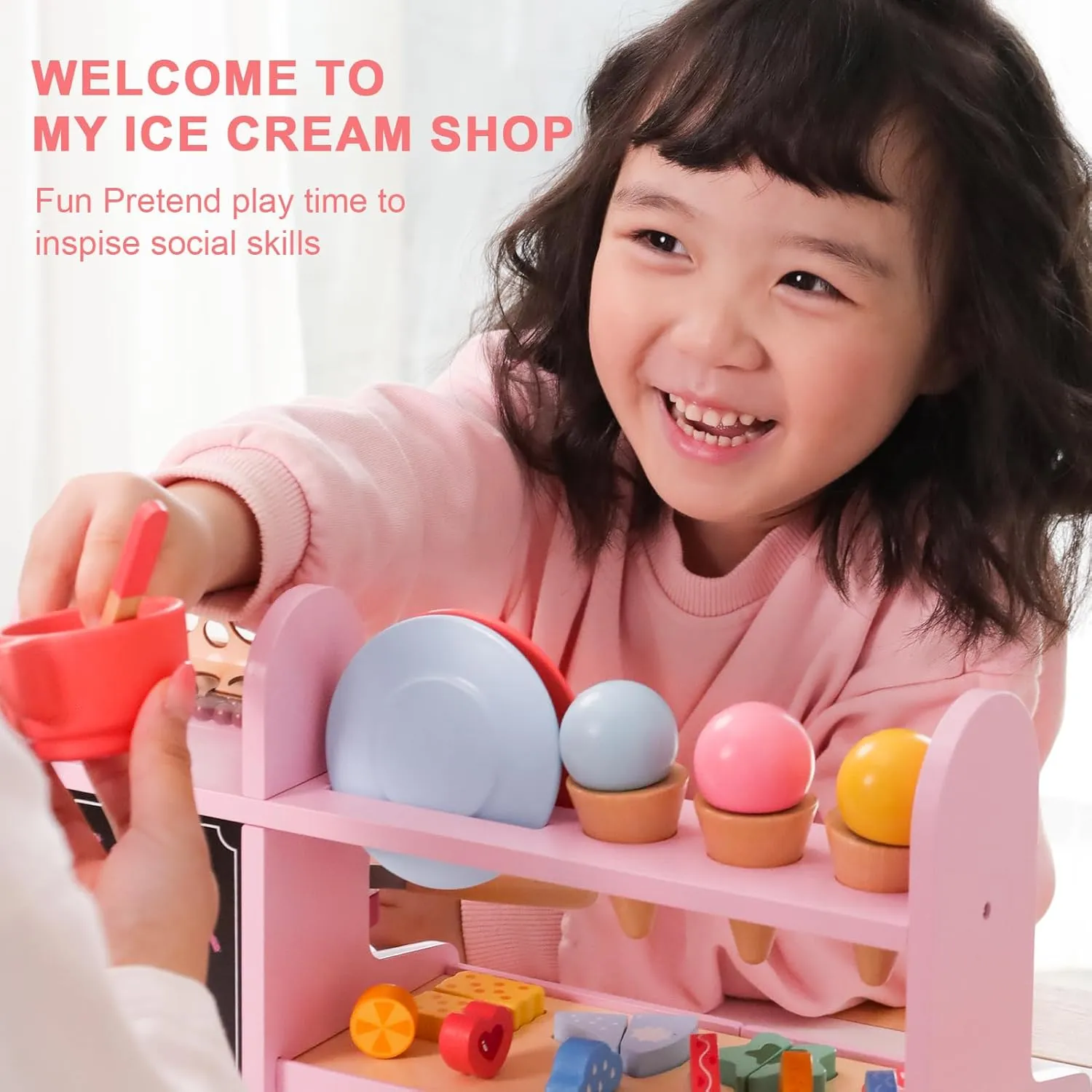 42 PCS Wooden Ice Cream Counter Play Set Toy Wooden Toy 3 in 1 Coffee Dessert Maker Toy Playet,Pretend Play Food Kitchen Accessories,Montessori Shape Sorter Toy for Girl and Boy