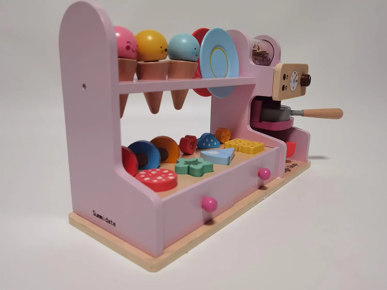 42 PCS Wooden Ice Cream Counter Play Set Toy Wooden Toy 3 in 1 Coffee Dessert Maker Toy Playet,Pretend Play Food Kitchen Accessories,Montessori Shape Sorter Toy for Girl and Boy