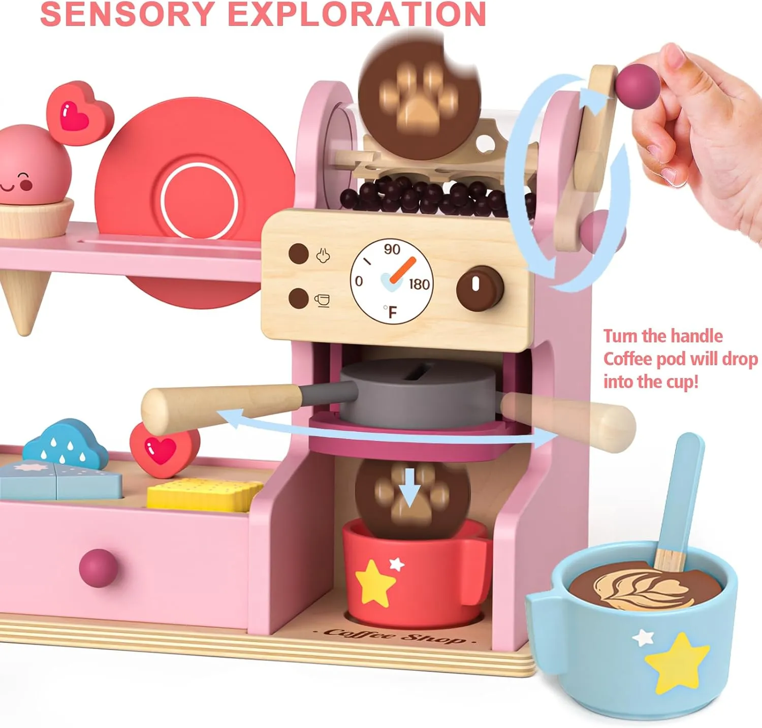 42 PCS Wooden Ice Cream Counter Play Set Toy Wooden Toy 3 in 1 Coffee Dessert Maker Toy Playet,Pretend Play Food Kitchen Accessories,Montessori Shape Sorter Toy for Girl and Boy