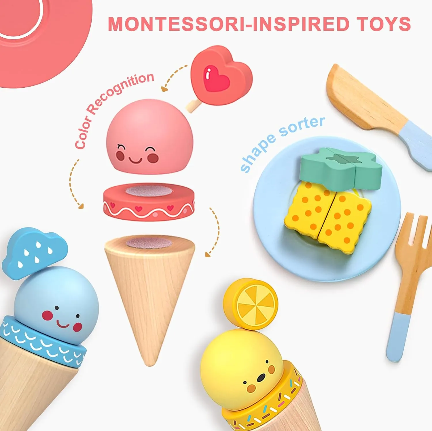42 PCS Wooden Ice Cream Counter Play Set Toy Wooden Toy 3 in 1 Coffee Dessert Maker Toy Playet,Pretend Play Food Kitchen Accessories,Montessori Shape Sorter Toy for Girl and Boy