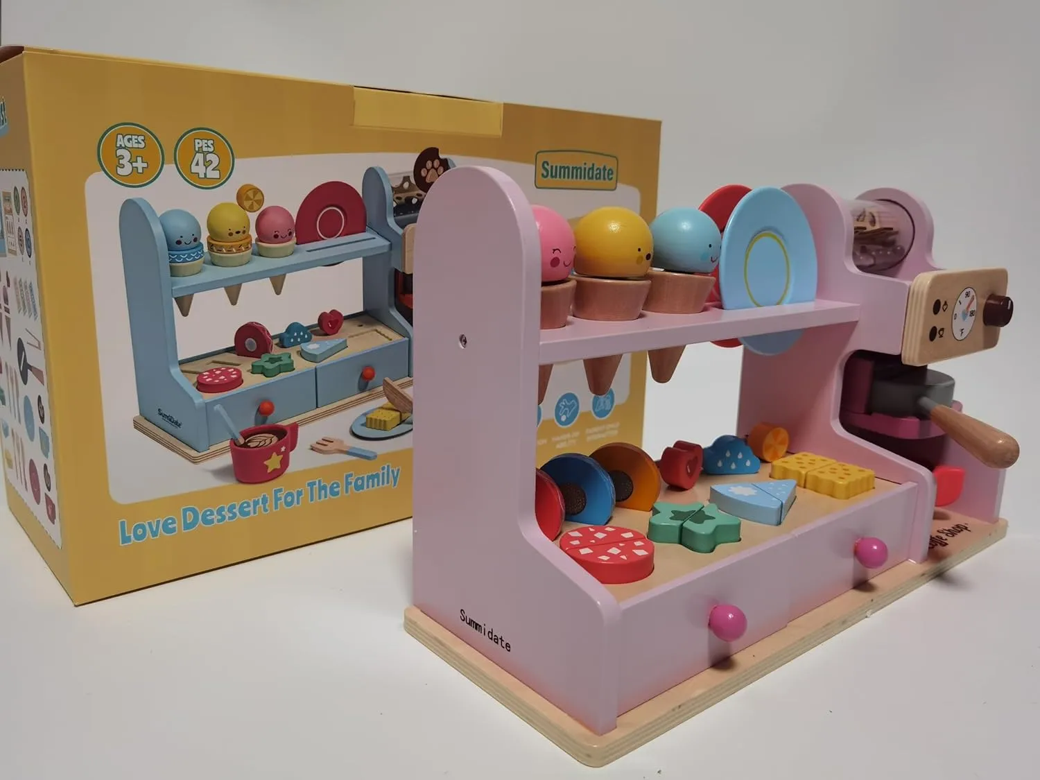 42 PCS Wooden Ice Cream Counter Play Set Toy Wooden Toy 3 in 1 Coffee Dessert Maker Toy Playet,Pretend Play Food Kitchen Accessories,Montessori Shape Sorter Toy for Girl and Boy