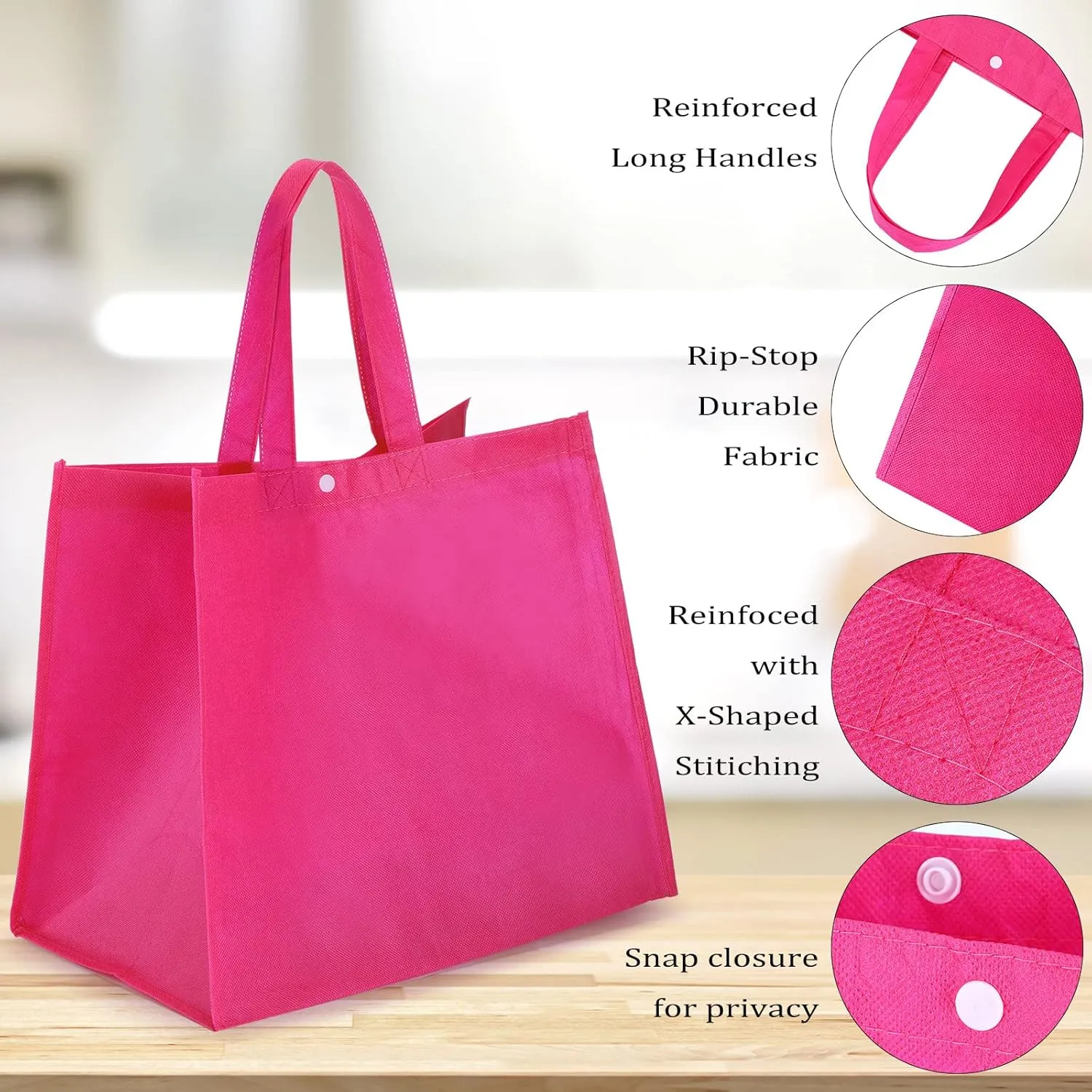 48 Pack Reusable Grocery Bags 13'' L x 9.4'' W x 15'' H Large Foldable Shopping Tote Bag Non Woven with Handle and Plastic