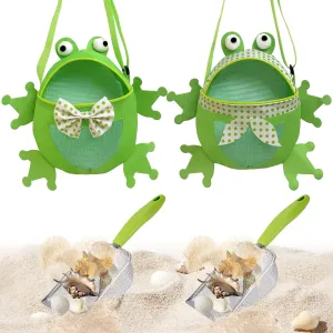 4PCS Beach Toy Mesh Shovel Frog Mesh Beach Bag Seashell Bag,for Sand Filter & Collect Shells,Sand Sifter Shell Collecting Tools(Frog)