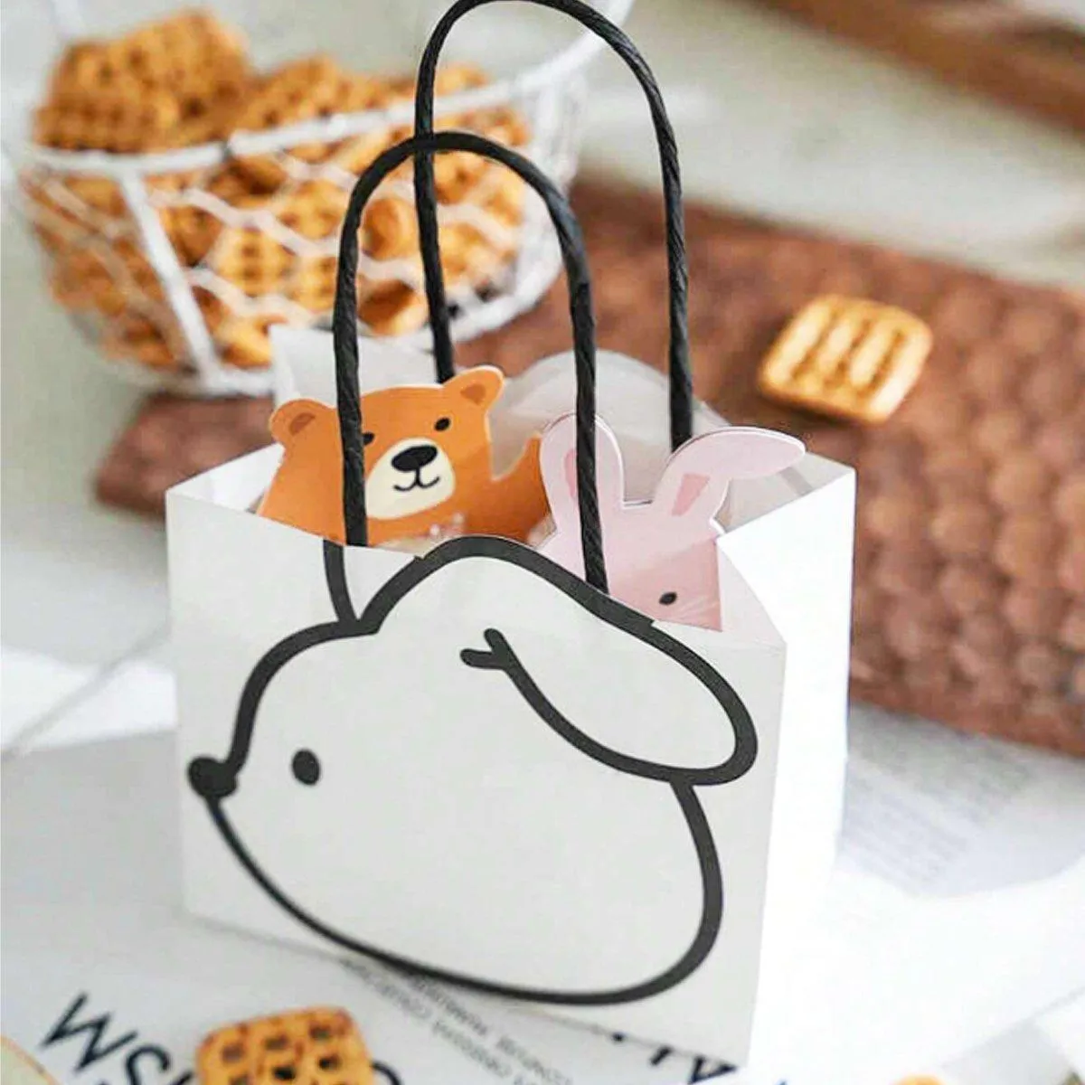 50pcs Black and White Cartoon Rabbit Paper Bags Simple Gift Packaging Set
