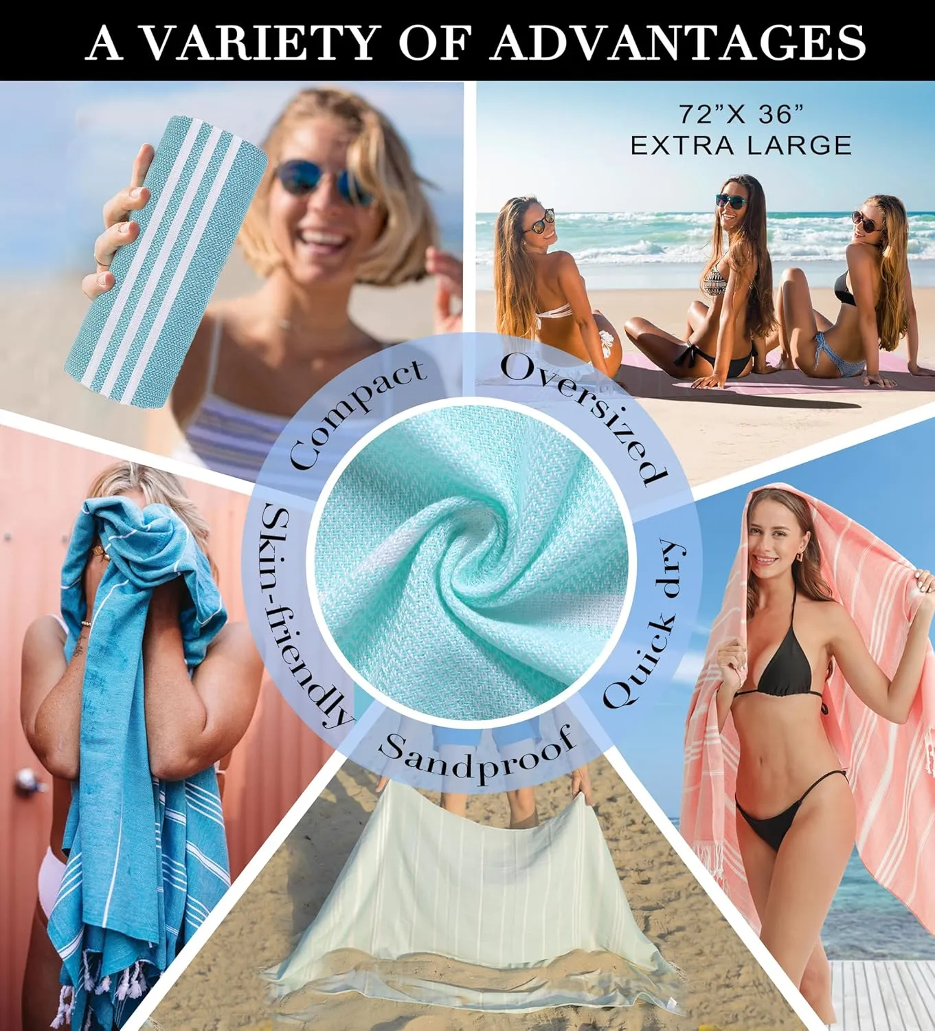 6 Packs Turkish Beach Towels Set Adult Pool Swim Towel Bulk Yoga Blanket Oversized Sand Free Quick Dry Lightweight Large Sandproof Fast Drying Travel Towels Camping Blanket Vacation Must Haves