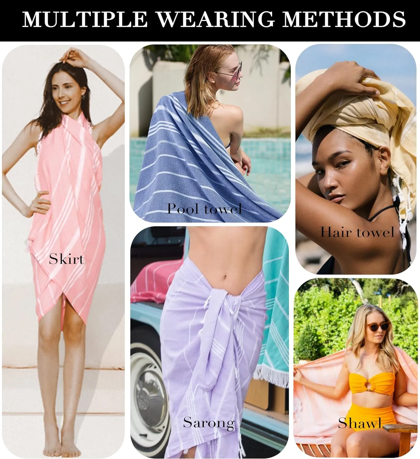 6 Packs Turkish Beach Towels Set Adult Pool Swim Towel Bulk Yoga Blanket Oversized Sand Free Quick Dry Lightweight Large Sandproof Fast Drying Travel Towels Camping Blanket Vacation Must Haves