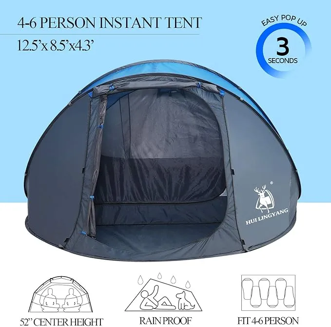 6 Person Easy Pop Up Tent,12.5’ x 8.5‘ x53.5,Automatic Setup,Waterproof, Double Layer,Instant Family Tents for Camping,Hiking & Traveling