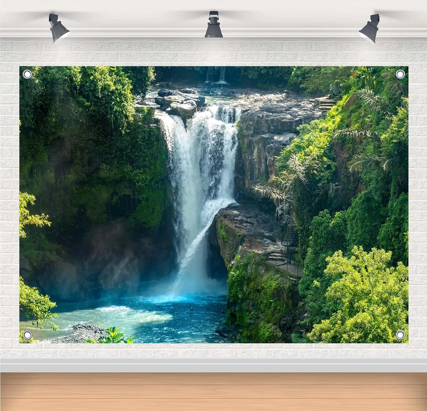 7x5ft Fabric Tropical Waterfall Backdrops Banner Green Forest Waterfall Photography Backgrounds for Explore Adventure Theme Party Decorations Banner Photo Props