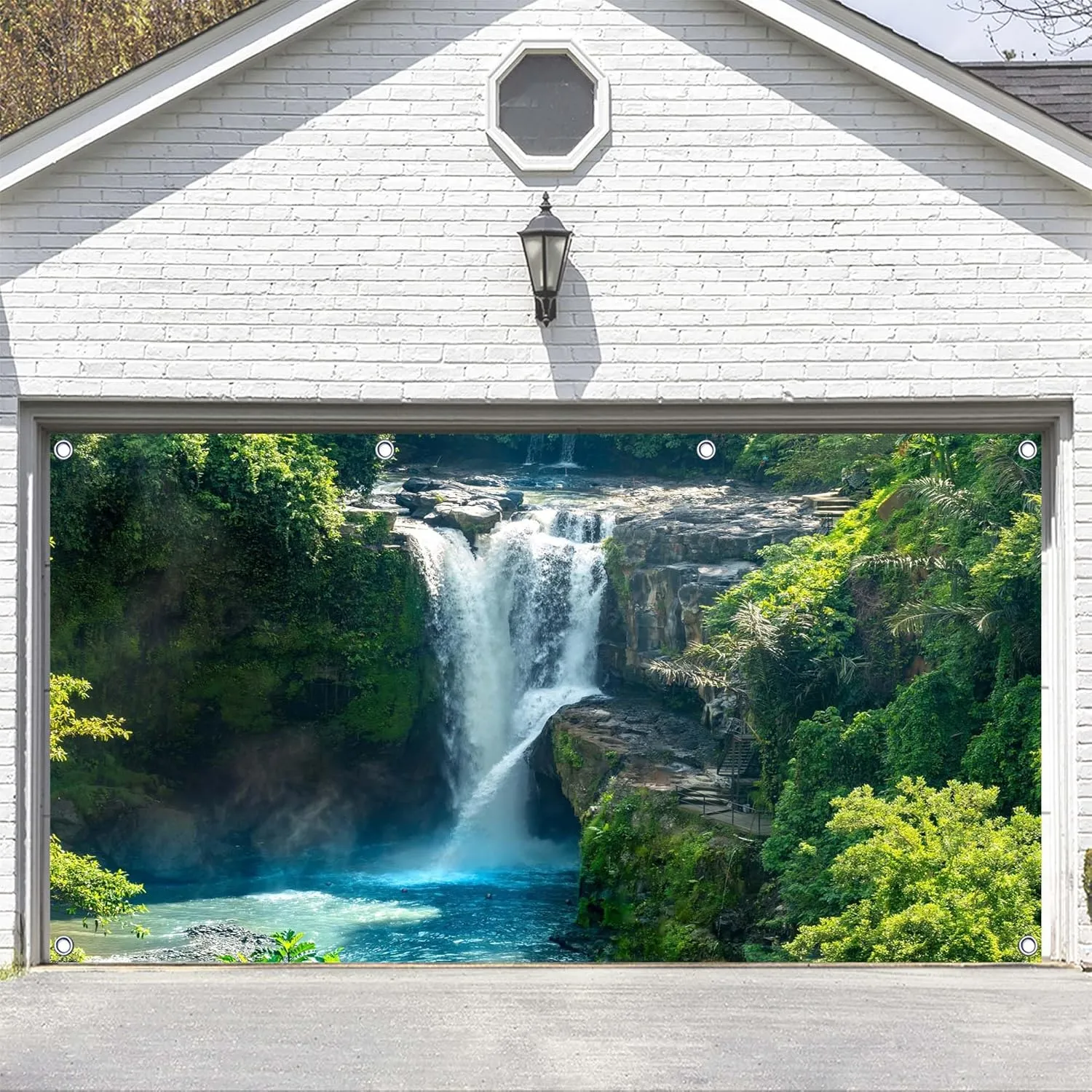 7x5ft Fabric Tropical Waterfall Backdrops Banner Green Forest Waterfall Photography Backgrounds for Explore Adventure Theme Party Decorations Banner Photo Props