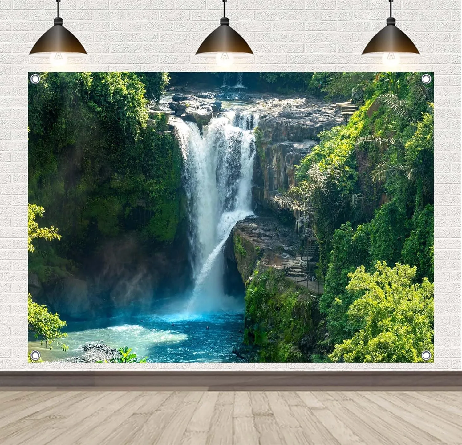 7x5ft Fabric Tropical Waterfall Backdrops Banner Green Forest Waterfall Photography Backgrounds for Explore Adventure Theme Party Decorations Banner Photo Props