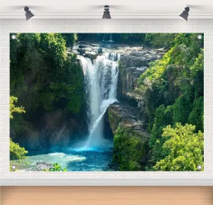 7x5ft Fabric Tropical Waterfall Backdrops Banner Green Forest Waterfall Photography Backgrounds for Explore Adventure Theme Party Decorations Banner Photo Props