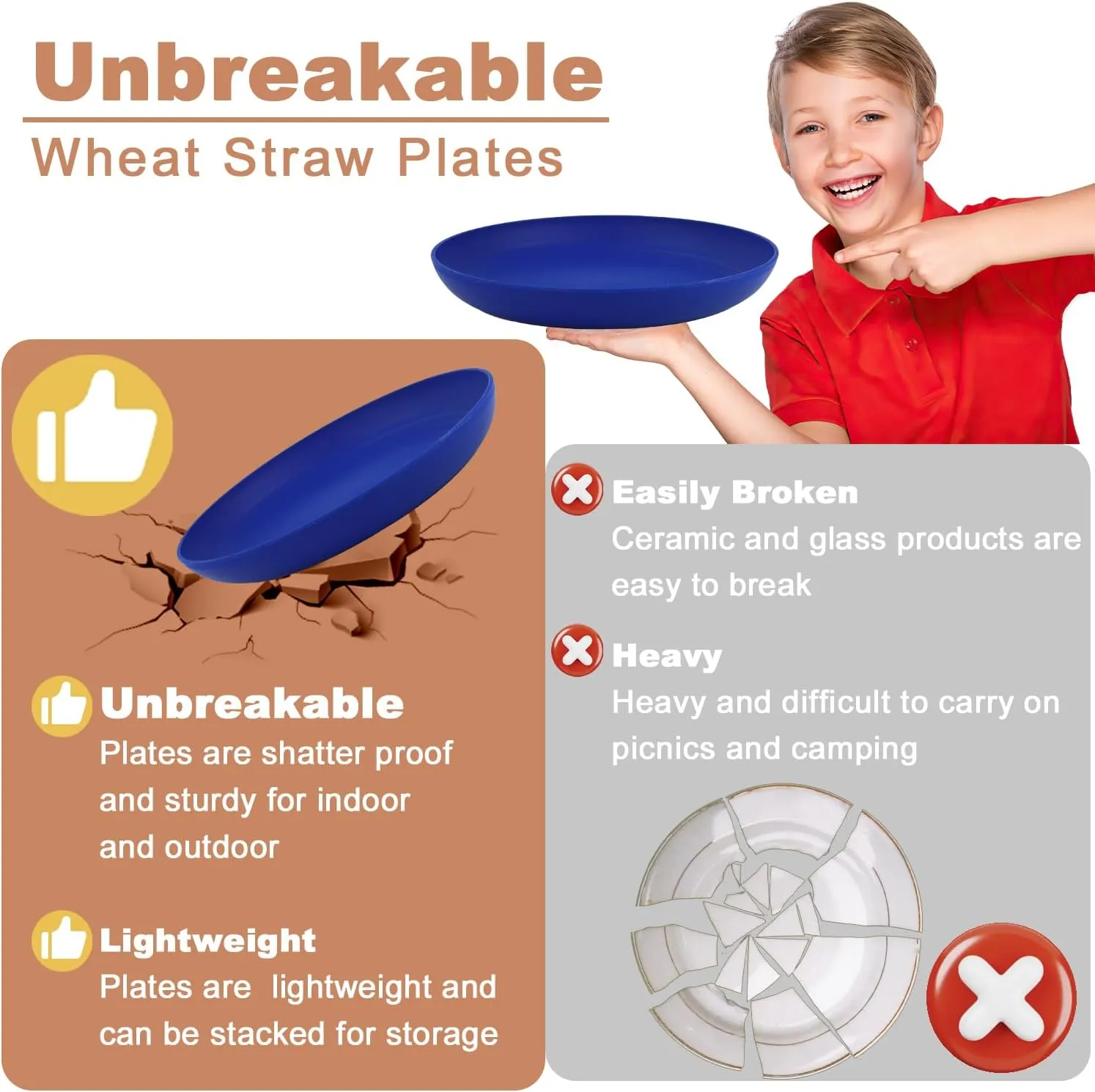 8 Inch Wheat Straw Dinner Plates Set of 8, Lightweight, Dishwasher and Microwave Safe, Unbreakable Plastic, Reusable for Kids - Modernist Series