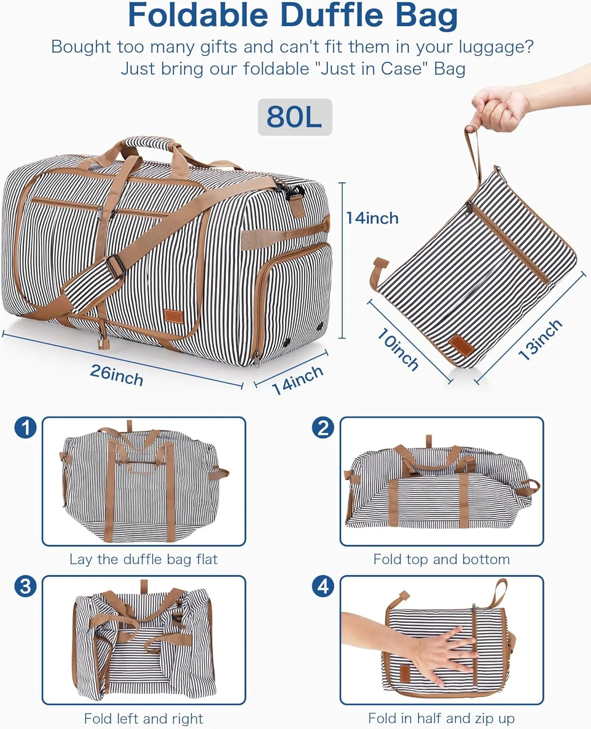 80L Large Duffle Bag for Travel, 26” Travel Duffel Bag with Shoe Compartment, Foldable Collapsible Overnight Bag Gym Bag Weekender Bags for Men Women, Water & Tear Resistant (Stripe, 80L)