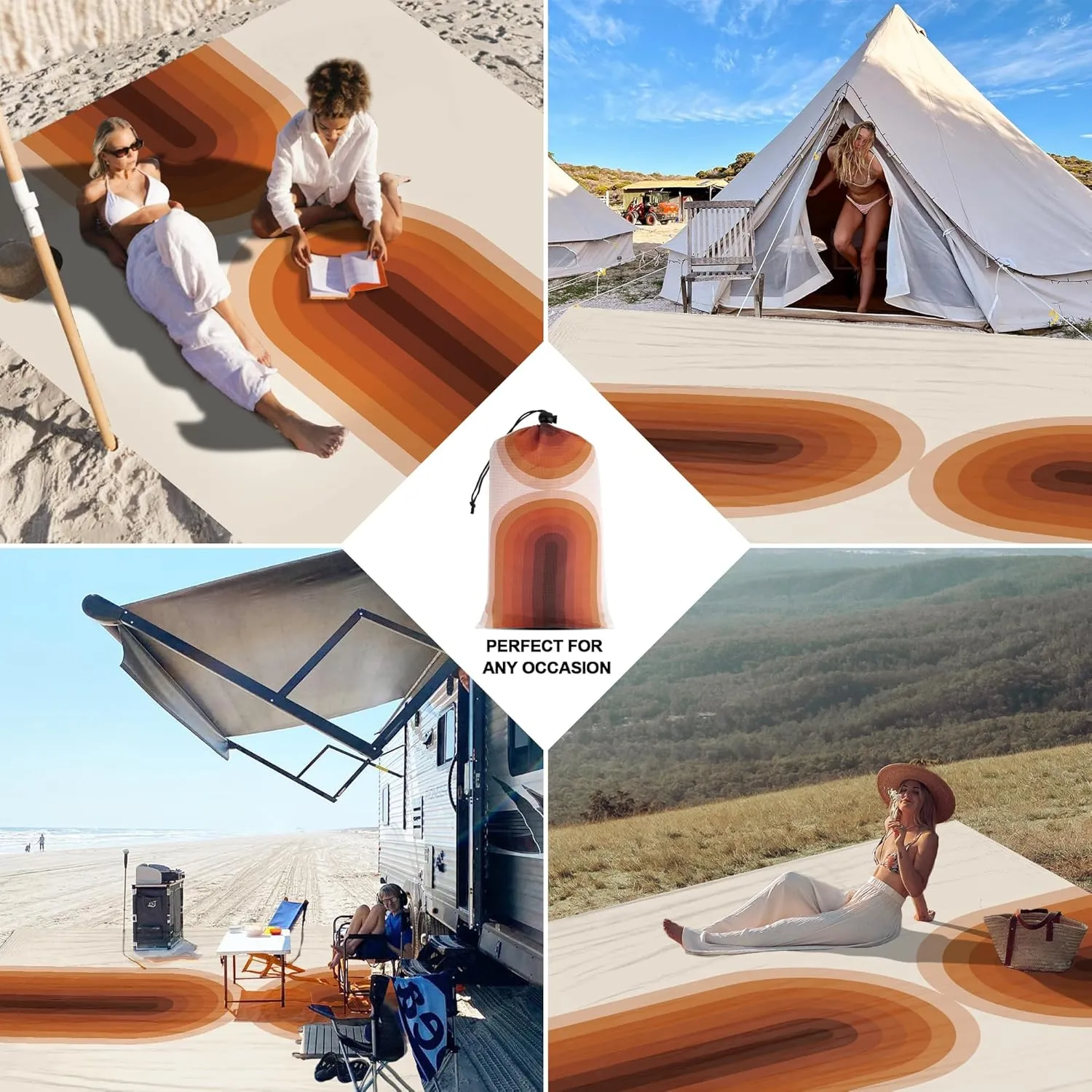 9 ft×10 ft Extra Large Waterproof Sandproof Beach Blanket for 8 Adults, Outdoor Beach Mat with 4 Stakes, 210T Polyester Lightweight Foldable Picnic Blanket for Travel, Camping, Hiking